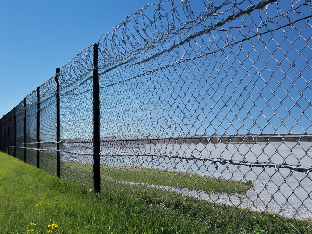 Tall security perimeter fence protecting a commercial property